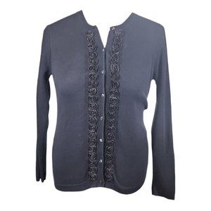 BROOKS BROTHERS Women's Black Cardigan Sweater Medium Flowers Cotton